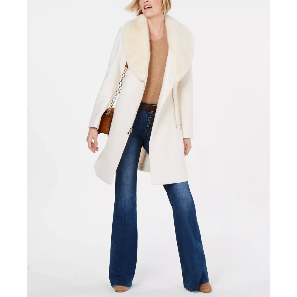INC Faux-Fur-Trim Asymmetrical Walker Midi Coat Ivory Womens XL Wool Overcoat - Picture 1 of 7